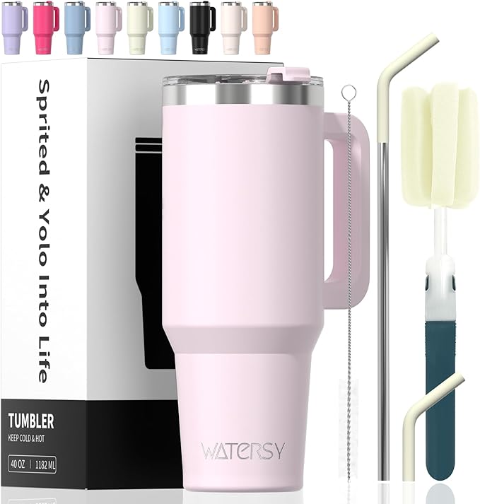 WATERSY 40 oz Tumbler with Handle,Tumbler with Lid and Straw,Double Wall Insulated Cup Stainless Steel Travel Mug(Cold for 34 Hours),Water Bottle for Iced Tea,Coffee,Cold Beverages(Rose Quartz)