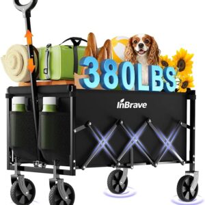 Folding Wagon Cart with All-Terrain Wheels, Collapsible Wagon with 380LBS Capacity, Portable Lightweight Utility Wagon for Groceries, Apartment Living, Camping & Beach (Black)