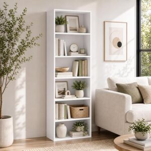 SiliBamb Bookshelf, 6-Tier Open Bookcase, Storage Shelves, Display Storage Shelves, Floor Standing Unit, Home Decor, Furniture for Home Office, Living Room, Bedroom, White