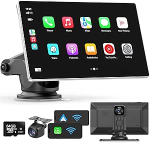 Portable Apple Carplay Screen for Car, 9" Wireless Apple Carplay & Android Auto,4K Dash Cam,1080p Backup Camera DVR,Car Audio Receivers GPS Navigation Mirror Link, Bluetooth,FM, Siri | and 1080p Backup Camera ,Apple Carplay & Android Auto with DVR,GPS Navigation Mirror Link,Bluetooth,FM, Siri