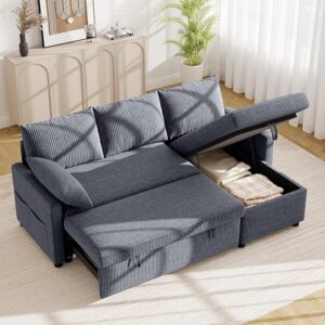 Real Relax 80" Sofa Bed, L-Shaped Pull Out Couch Bed, Sleeper Couch with Chaise Storage for Living Room, Apartment and Office, Corduroy Fabric, Dark Gray