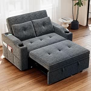 Real Relax 3 in 1 Loveseat Sleeper, Convertible Couch Bed, Pull Out Sofa Bed with USB Charging Ports, 5 Level Adjustable Backrest, Cup Holders for Living Room, Sunroom, Apartment, Chenille, Dark Gray
