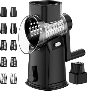 5-in-1 Rotary Cheese Grater,Manual Vegetable Slicer Shredder,Black | 10 stainless steel blades, large feed jar, suction base, hidden storage, BPA-free; for cheese, veggies, nuts, pizza & baking